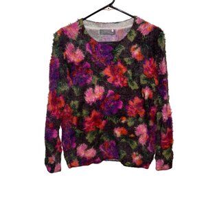 Anthropologie XS Floral Fuzzy Sweater In Multicolor Textured Pattern